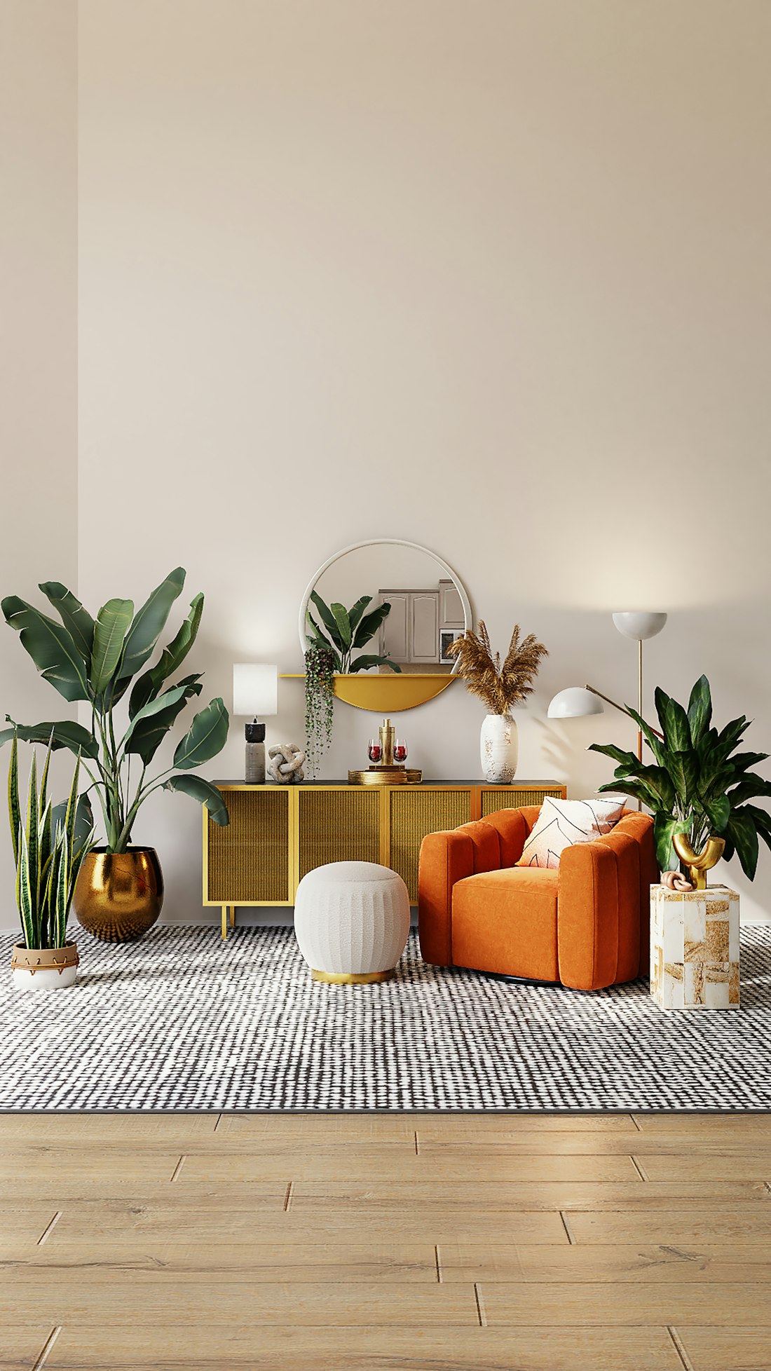 Un hogar luminoso con muebles de madera y plantas